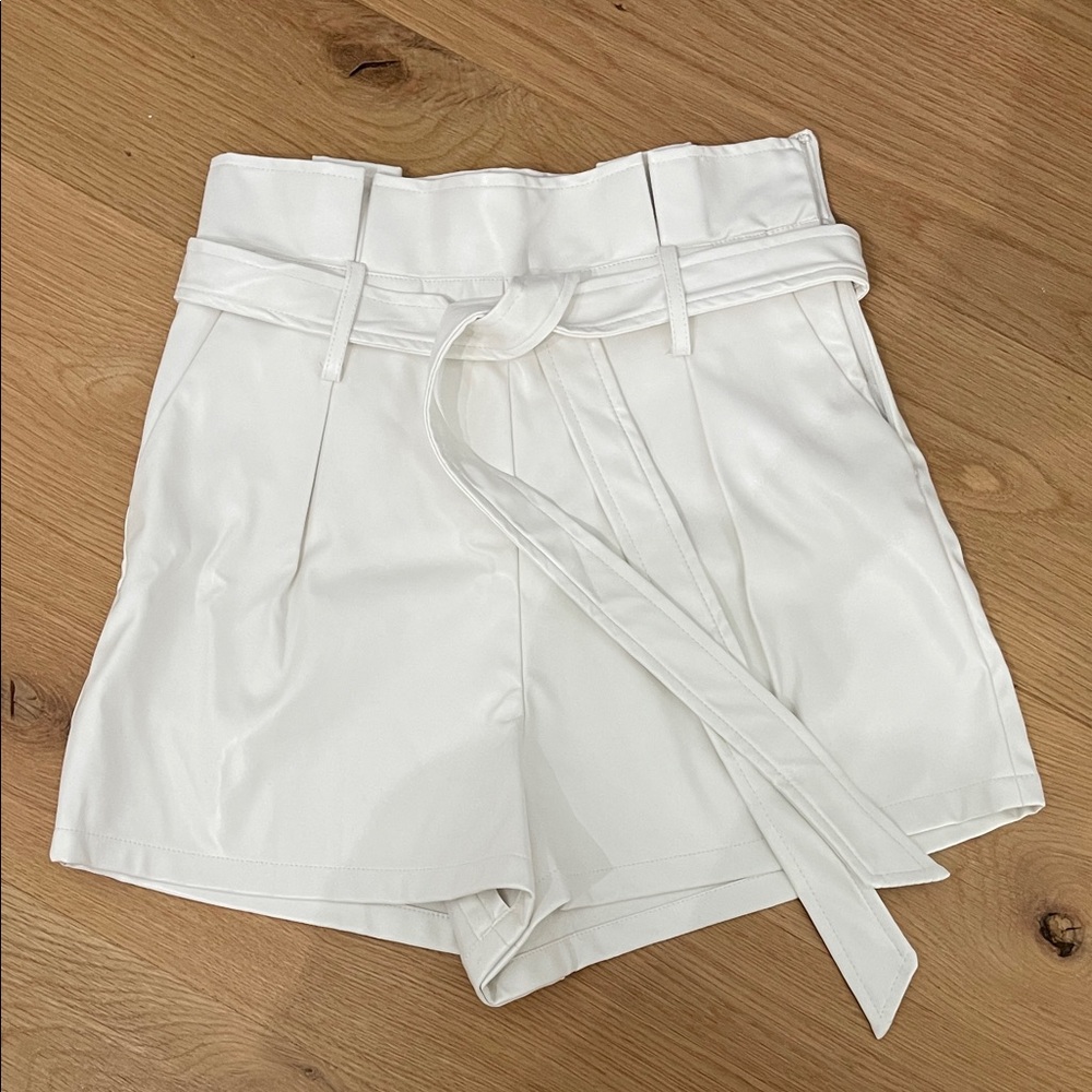 High Waist White Belted Leather Shorts